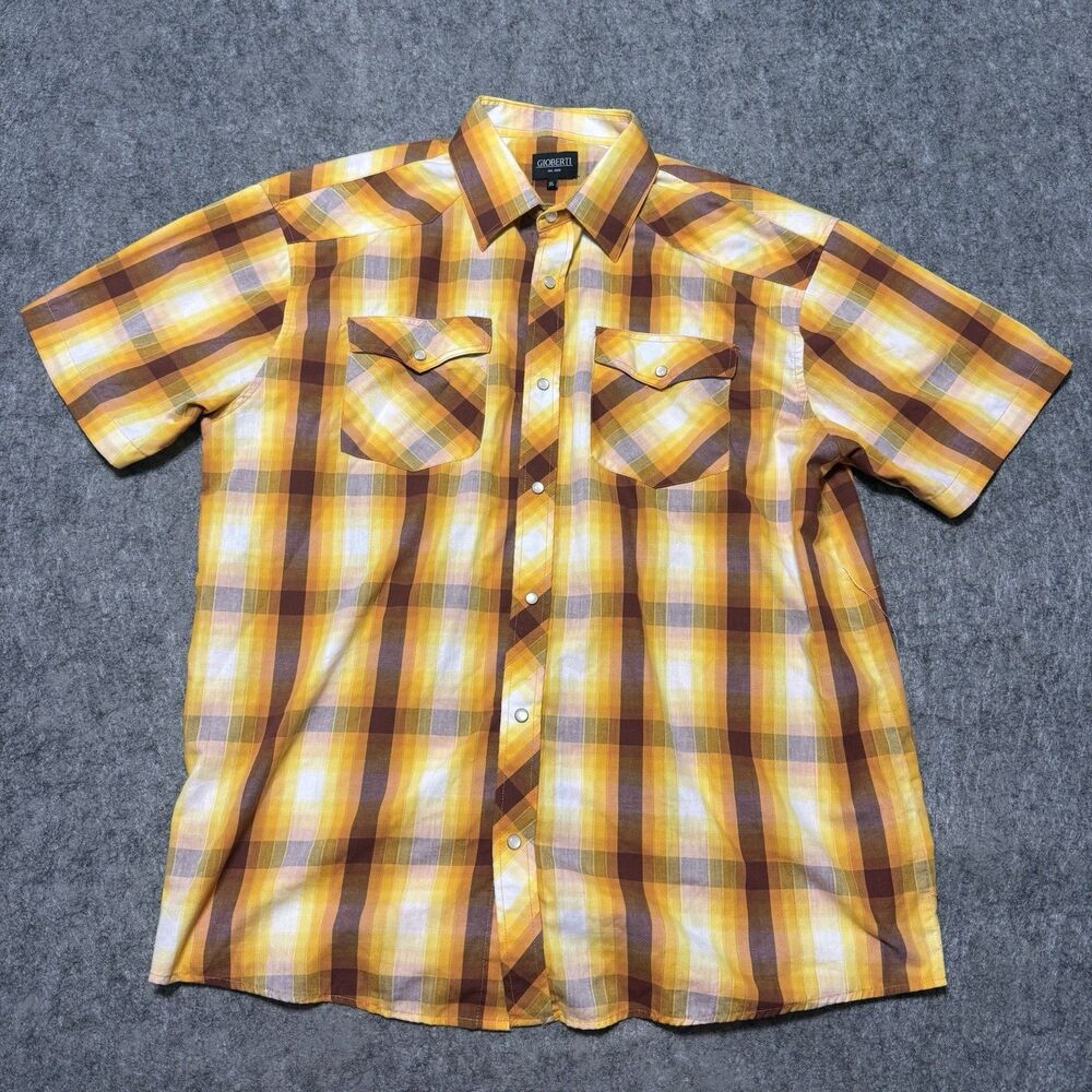 Gioberti Mens Pearl Snap Shirt XL Yellow Plaid Short Sleeve Western Cowboy